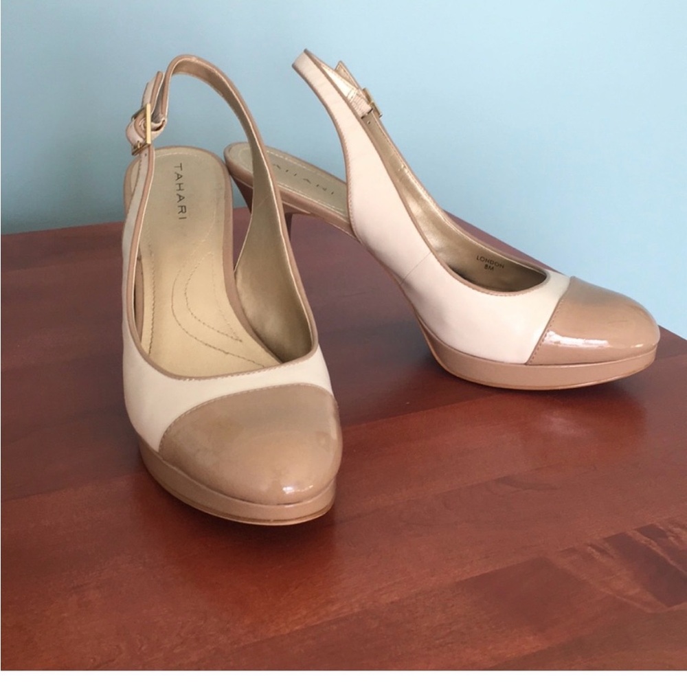 Tahari Women's Cream and Tan leather Slingback patent Heels